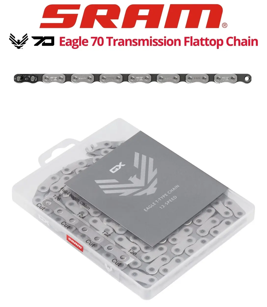 Цепь SRAM Eagle 70 Flattop T-Type 12 скоростей 126 звеньев Solid Pin